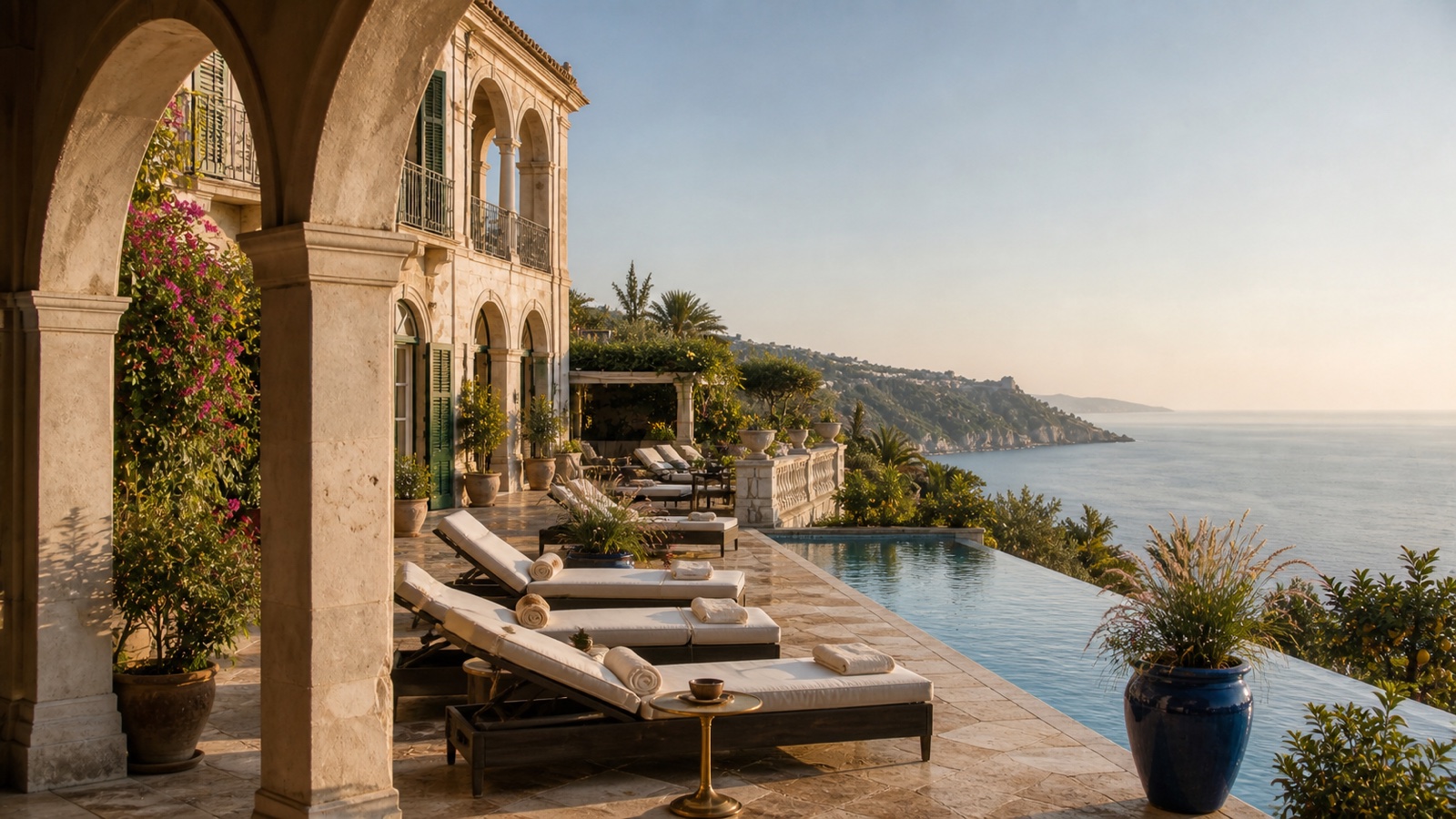 Villa Loto infinity pool framed by a limestone arch