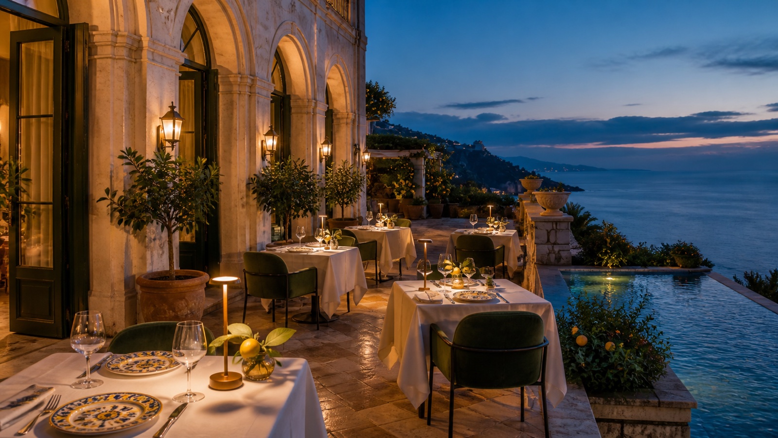 Limone restaurant terrace set for dinner at blue hour