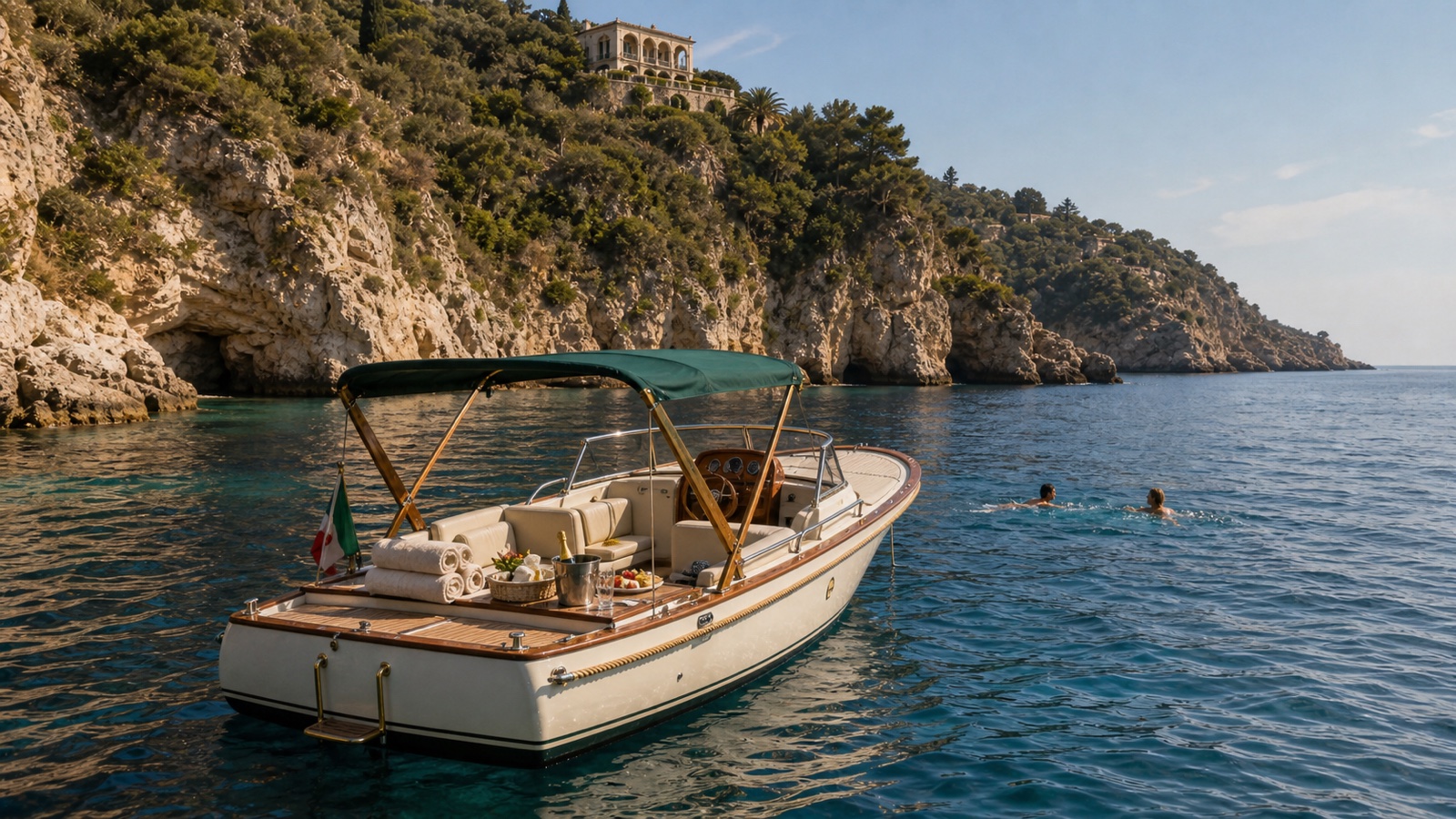 Private classic motorboat anchored below Villa Loto