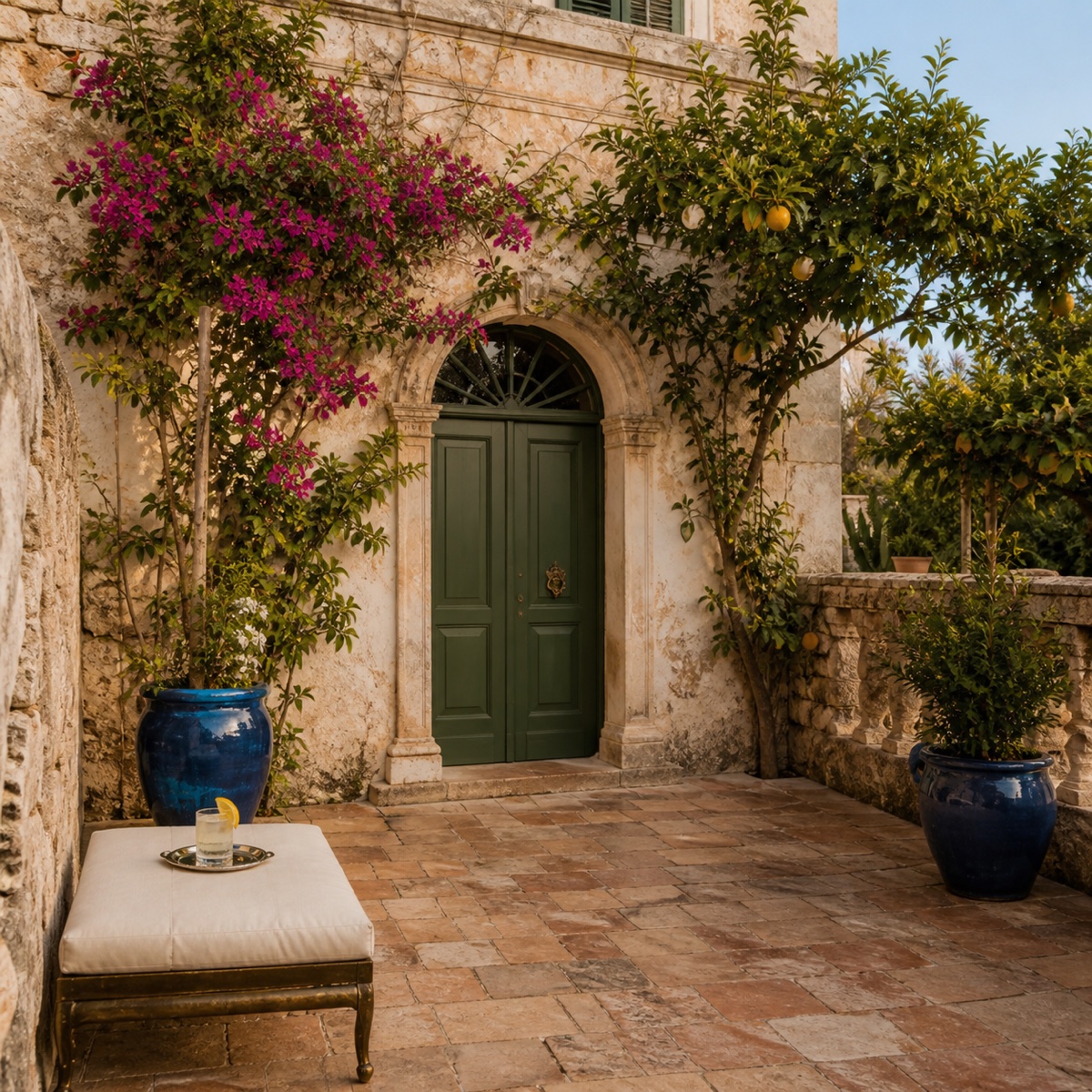Sage-green entrance in Villa Loto's citrus courtyard