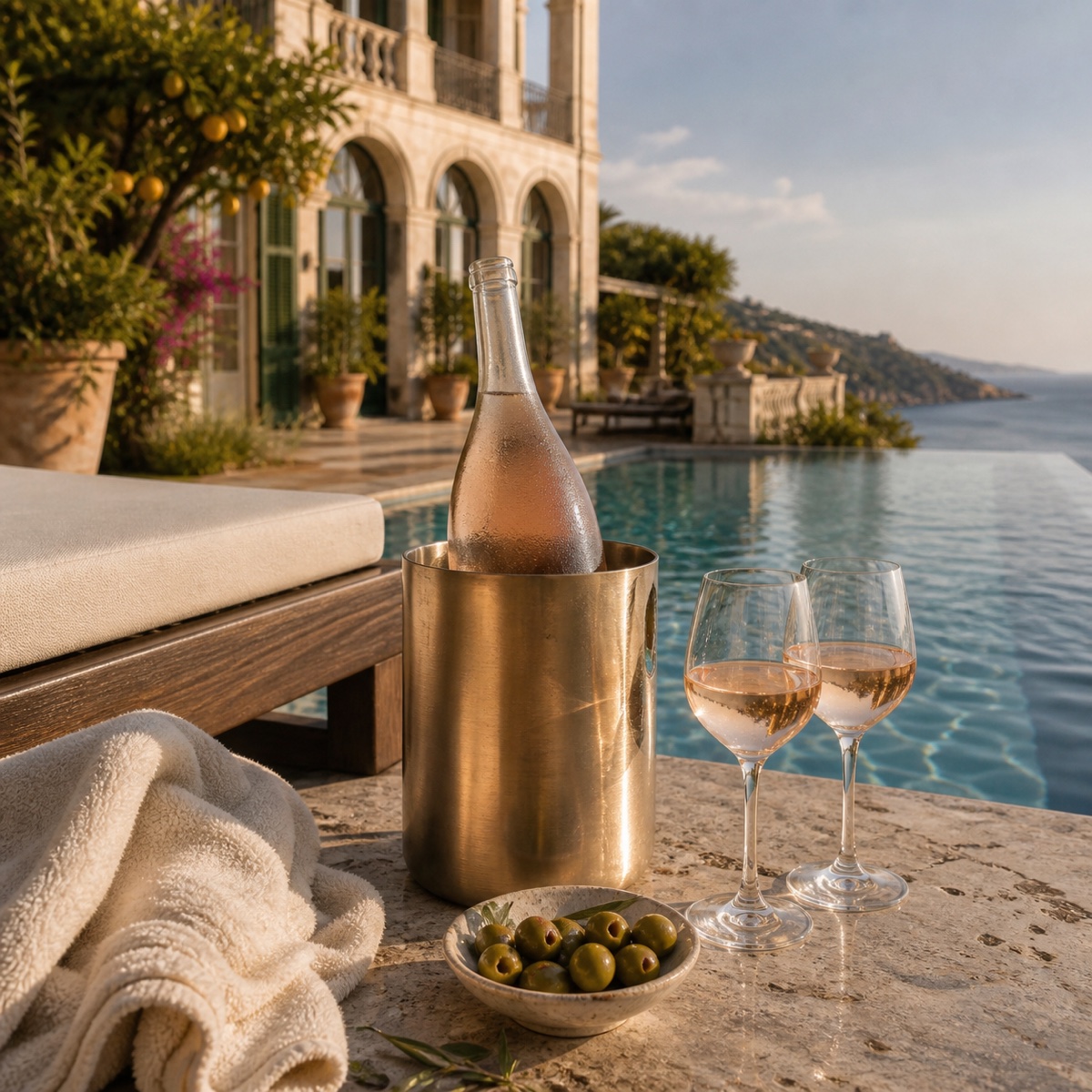 Etna rosato served beside the Villa Loto infinity pool