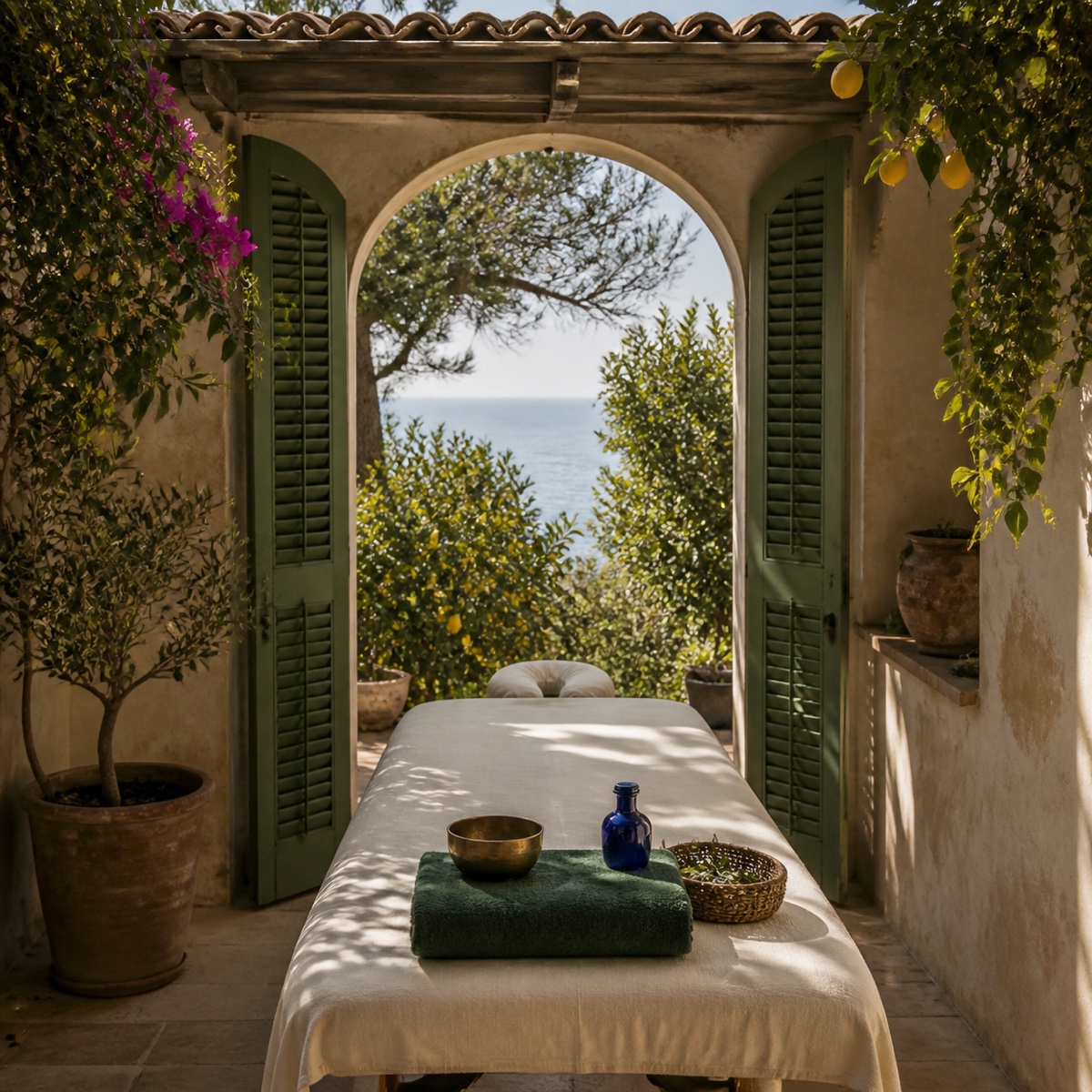 Private garden treatment room overlooking the sea