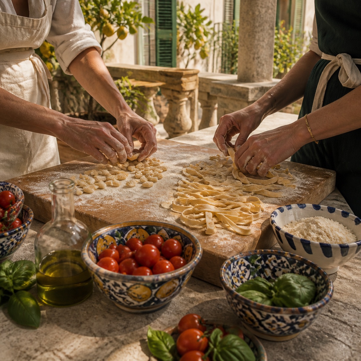 Guests shaping fresh pasta during a Villa Loto cooking class