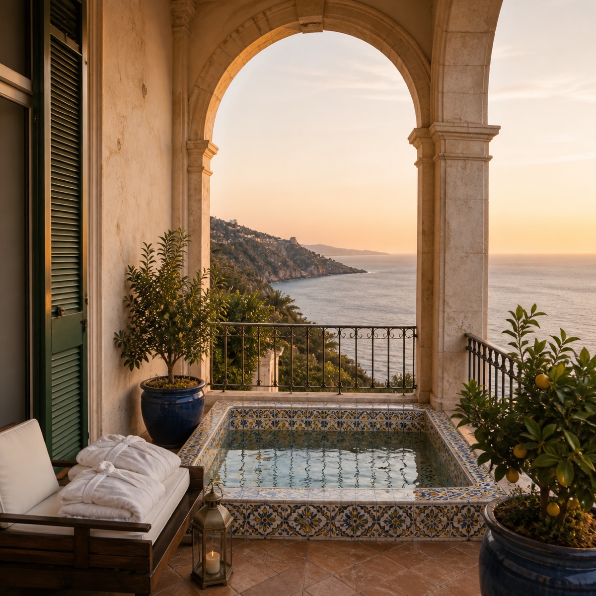 Tiled private soaking pool on the Loto Suite terrace